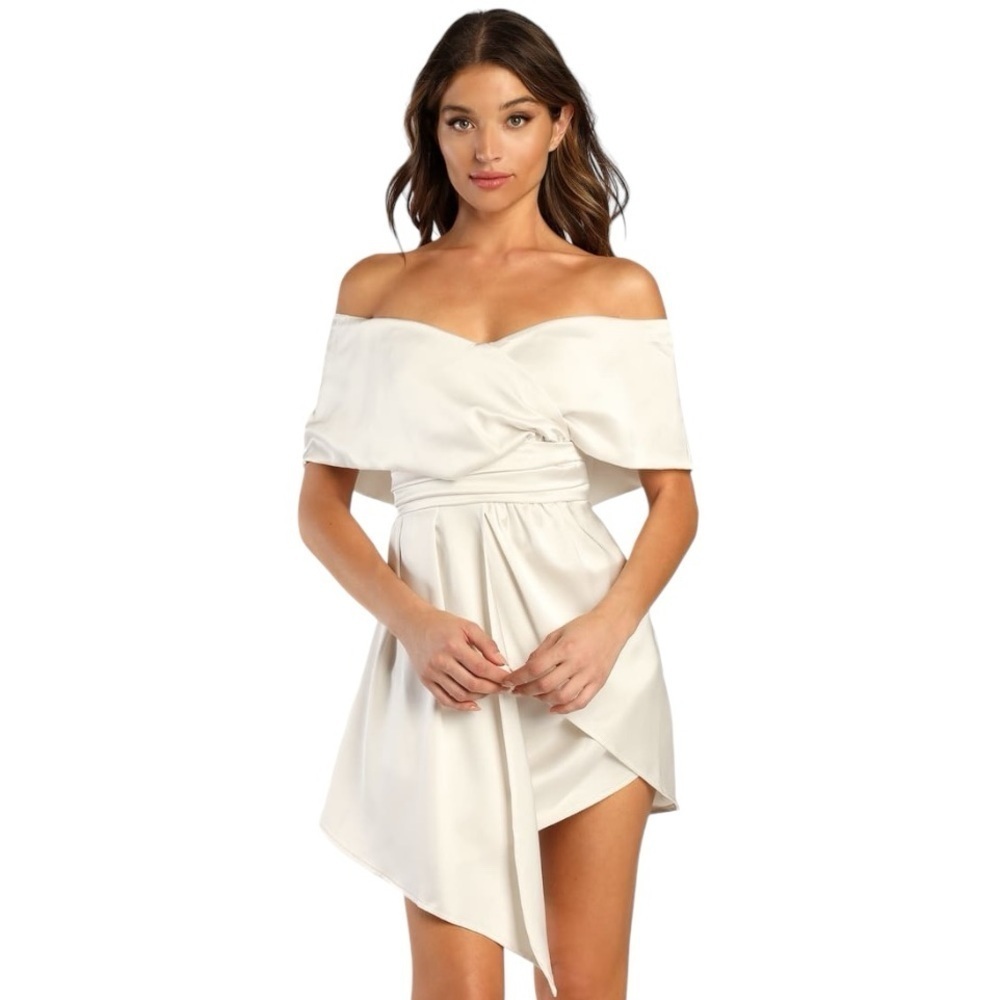 LULUS Always Celebrating Ivory Satin Off-the-Shoulder
Mini Dress S Wedding White